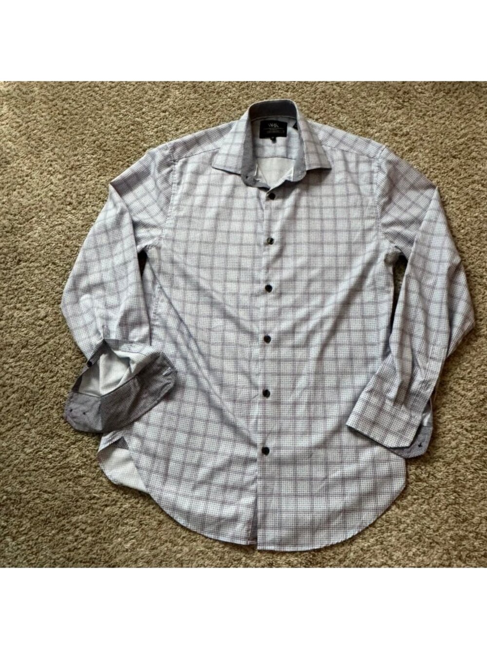 WRK Dress Shirt Men's Size 15 White Blue Purple Plaid Check 4-Way Stretch Slim